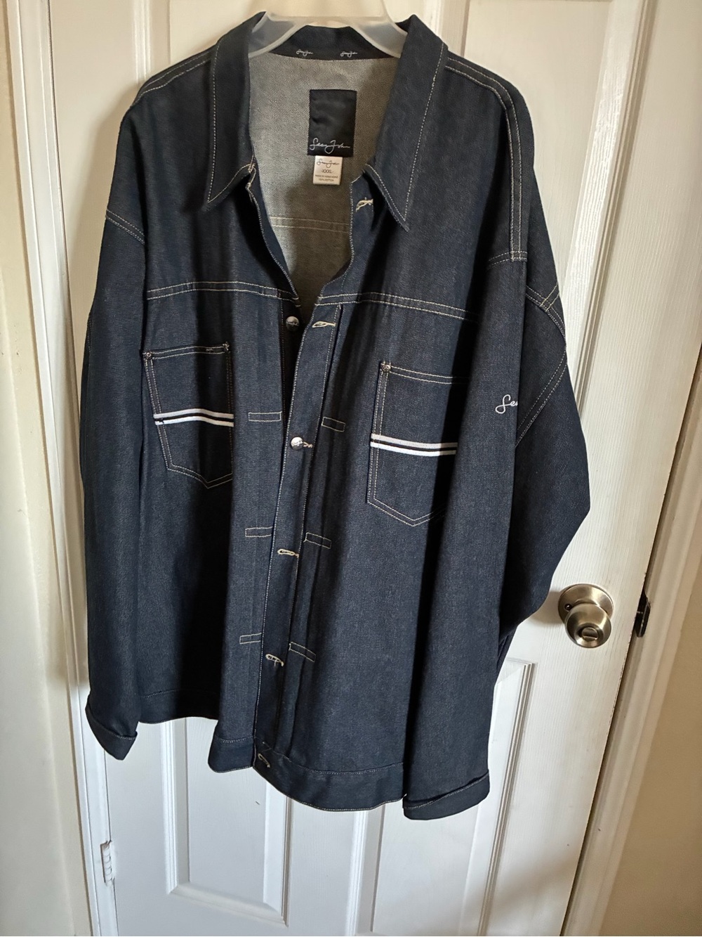 Sean John Dark Denim Jacket with White Stitching